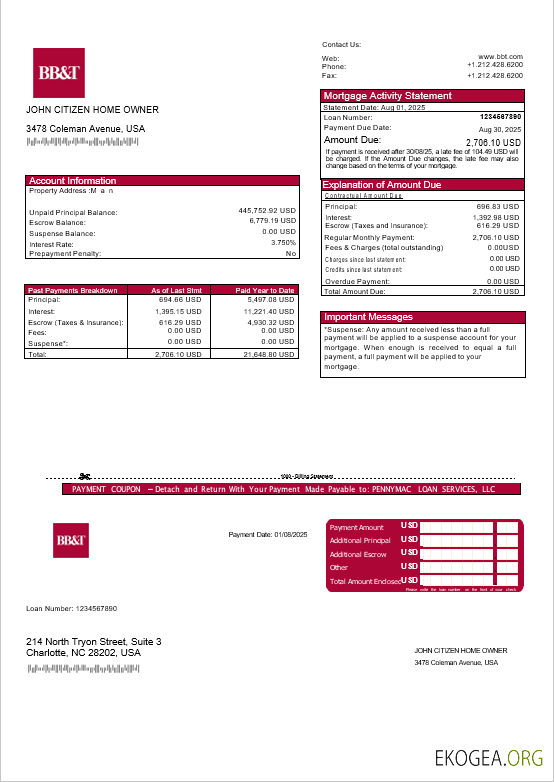 États , Unis Washington Relevé hypothécaire de la banque BB&T aux formats Word et PDF